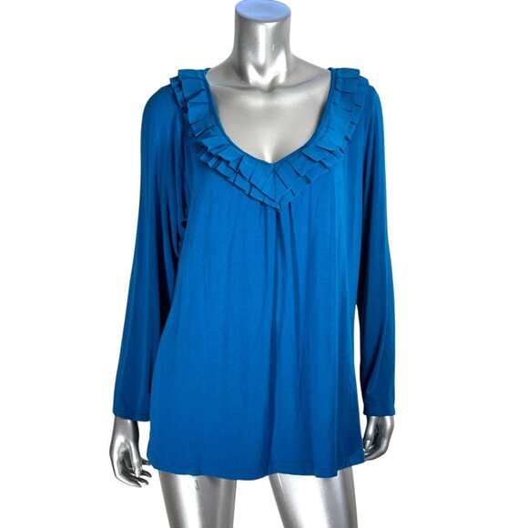 Dialogue Blue Long-Sleeve Ruffled V-Neck Tunic Top Size 1X - Picture 1 of 3